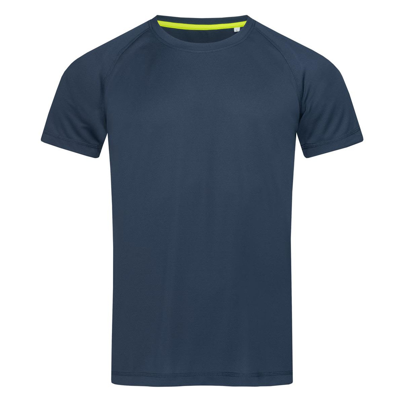A navy blue men's active T-shirt with a raglan design and a contrasting lime green collar. It features a logo. A navy blue men's active T-shirt with a raglan design and a contrasting lime green collar. It features a logo.
