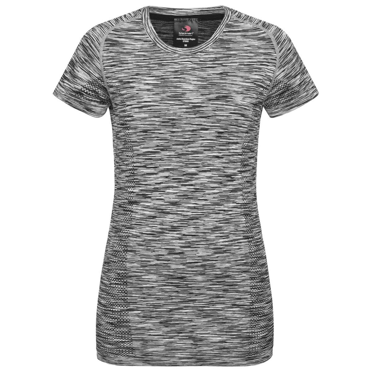 A seamless women's active t-shirt in black and grey with a raglan design and fitted style. Features a logo. A seamless women's active t-shirt in black and grey with a raglan design and fitted style. Features a logo.