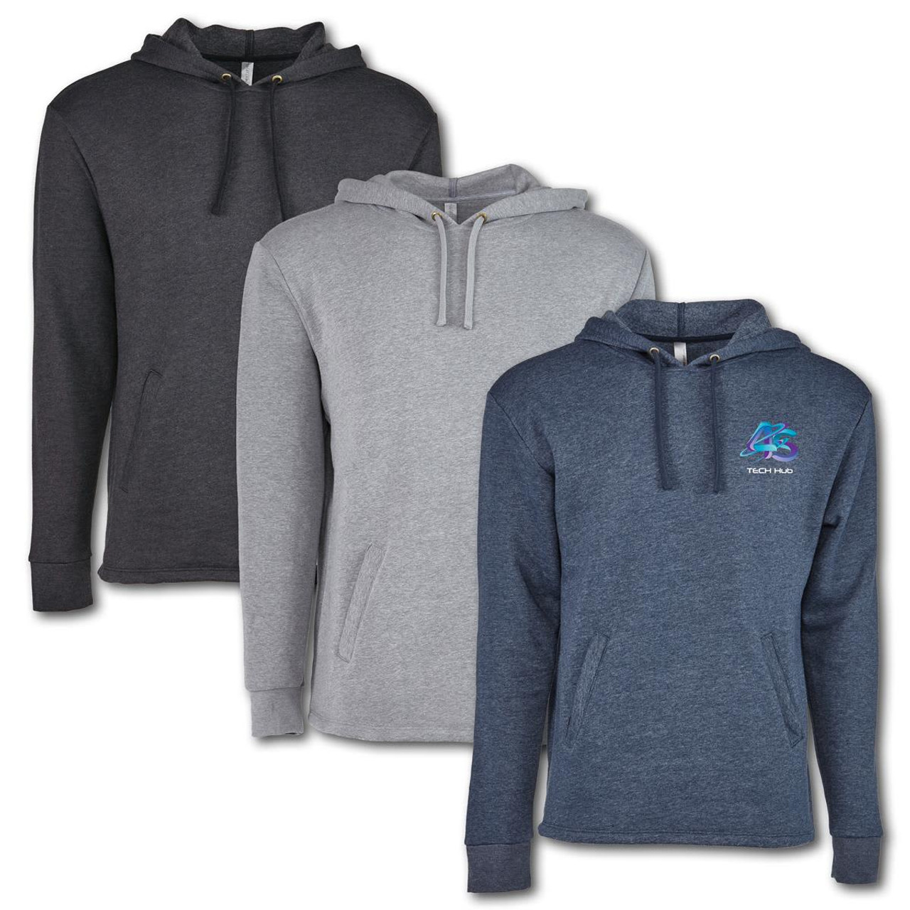A collection of three unisex hoodies in dark grey, light grey, and navy, featuring a logo on one.