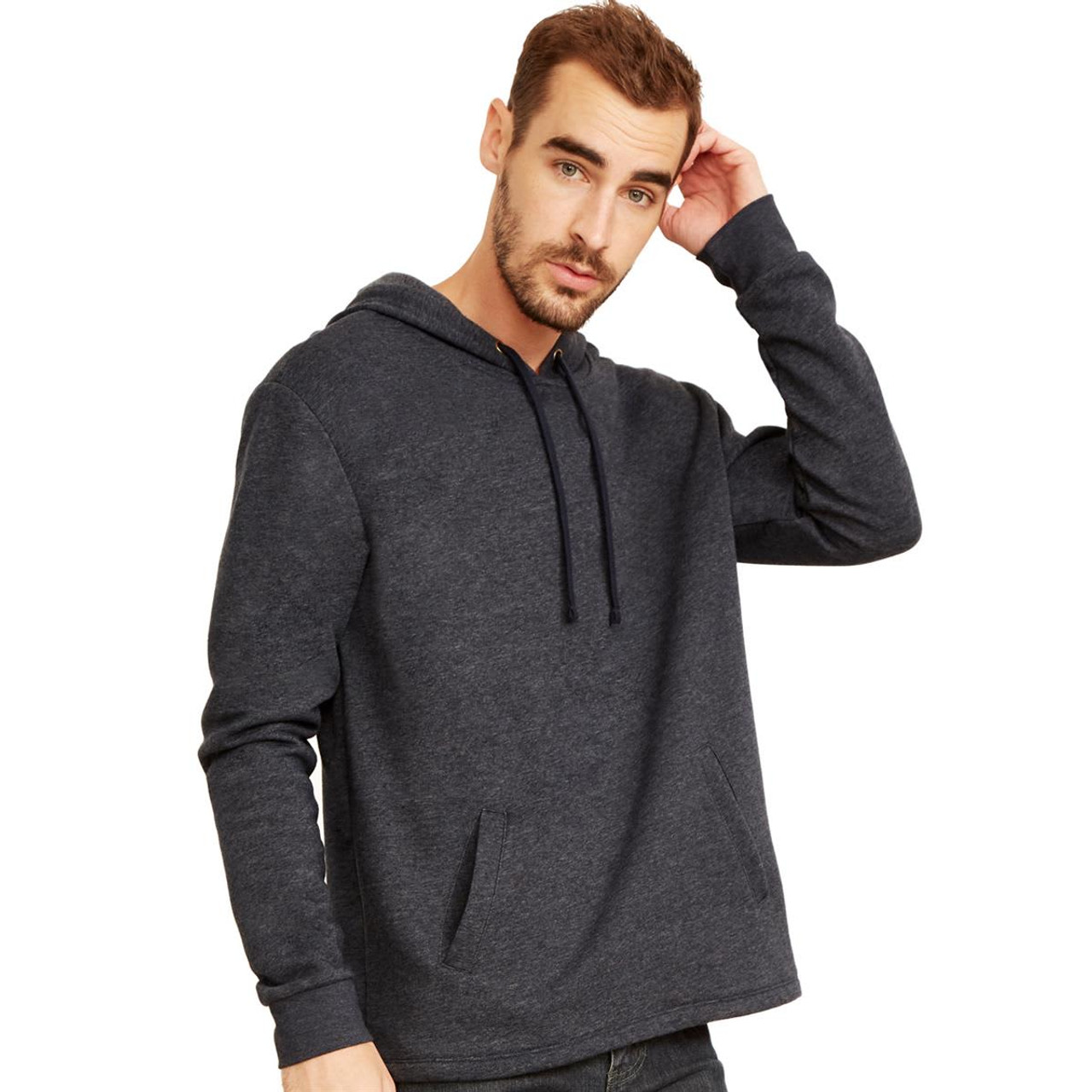 A dark grey unisex pullover hoody featuring a kangaroo pocket and a drawstring hood.