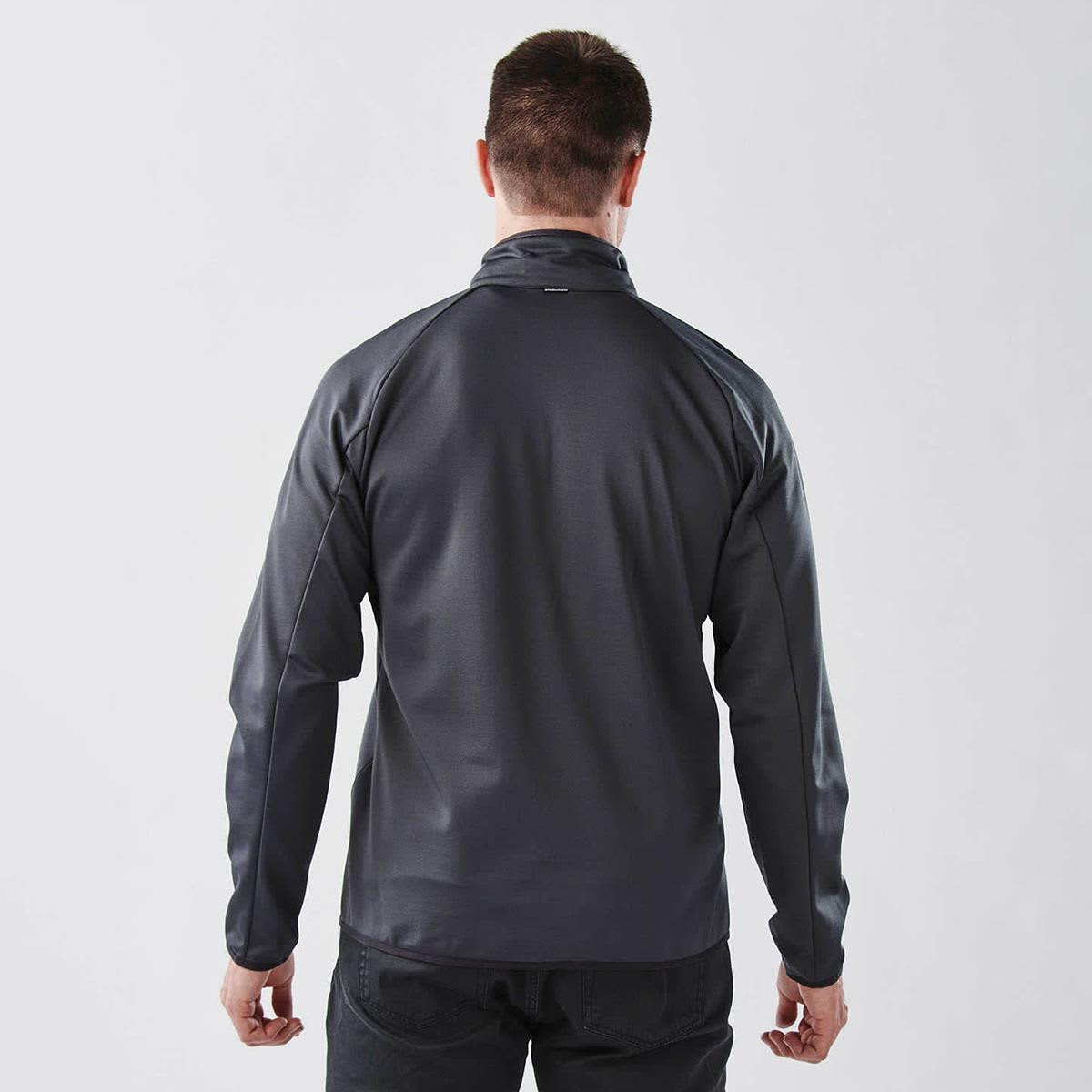 A men's polar fleece jacket in dark grey, featuring a high collar and long sleeves, with a logo visible.