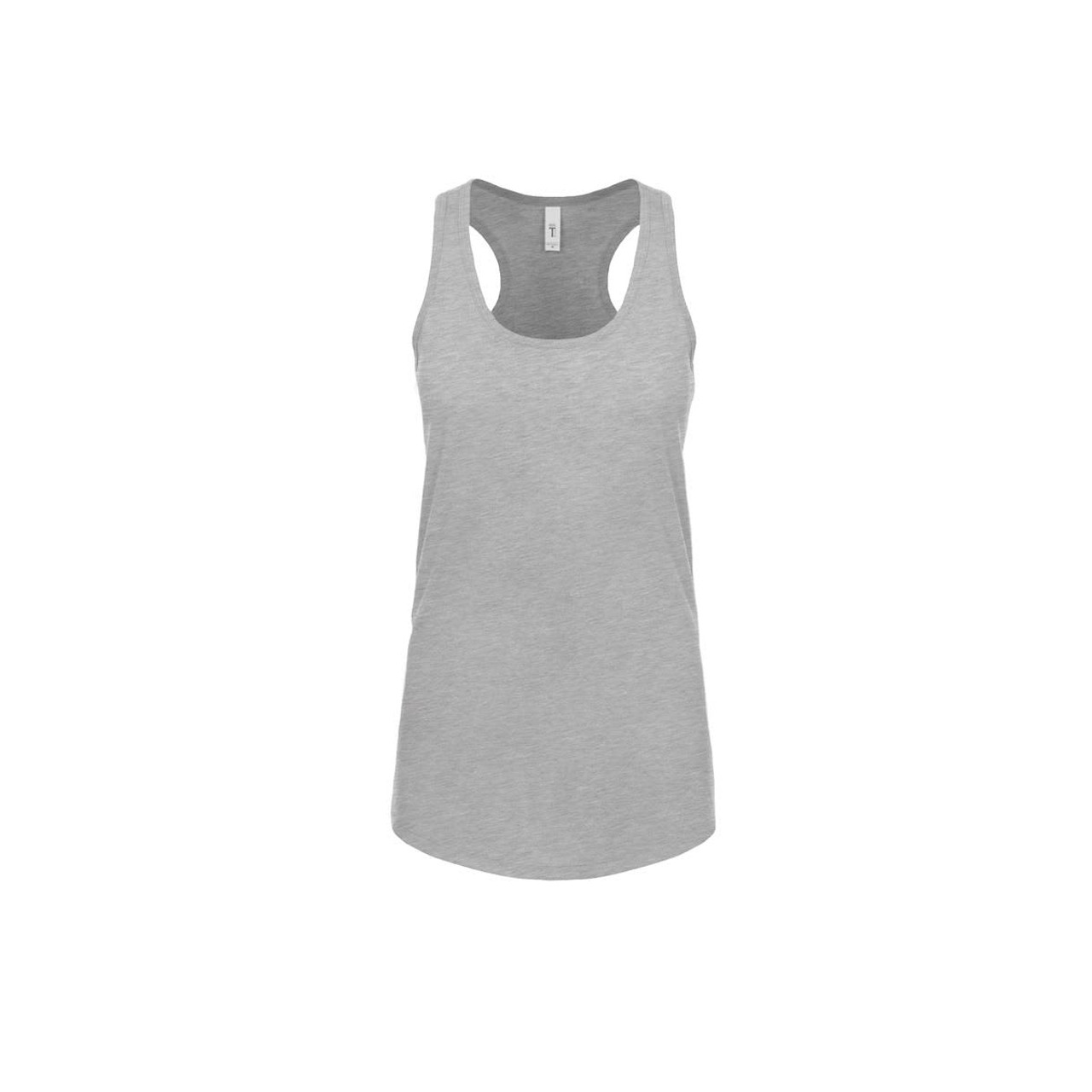 A lightweight grey women's racerback tank top with a rounded hem and a logo. Perfect for casual wear or workouts.