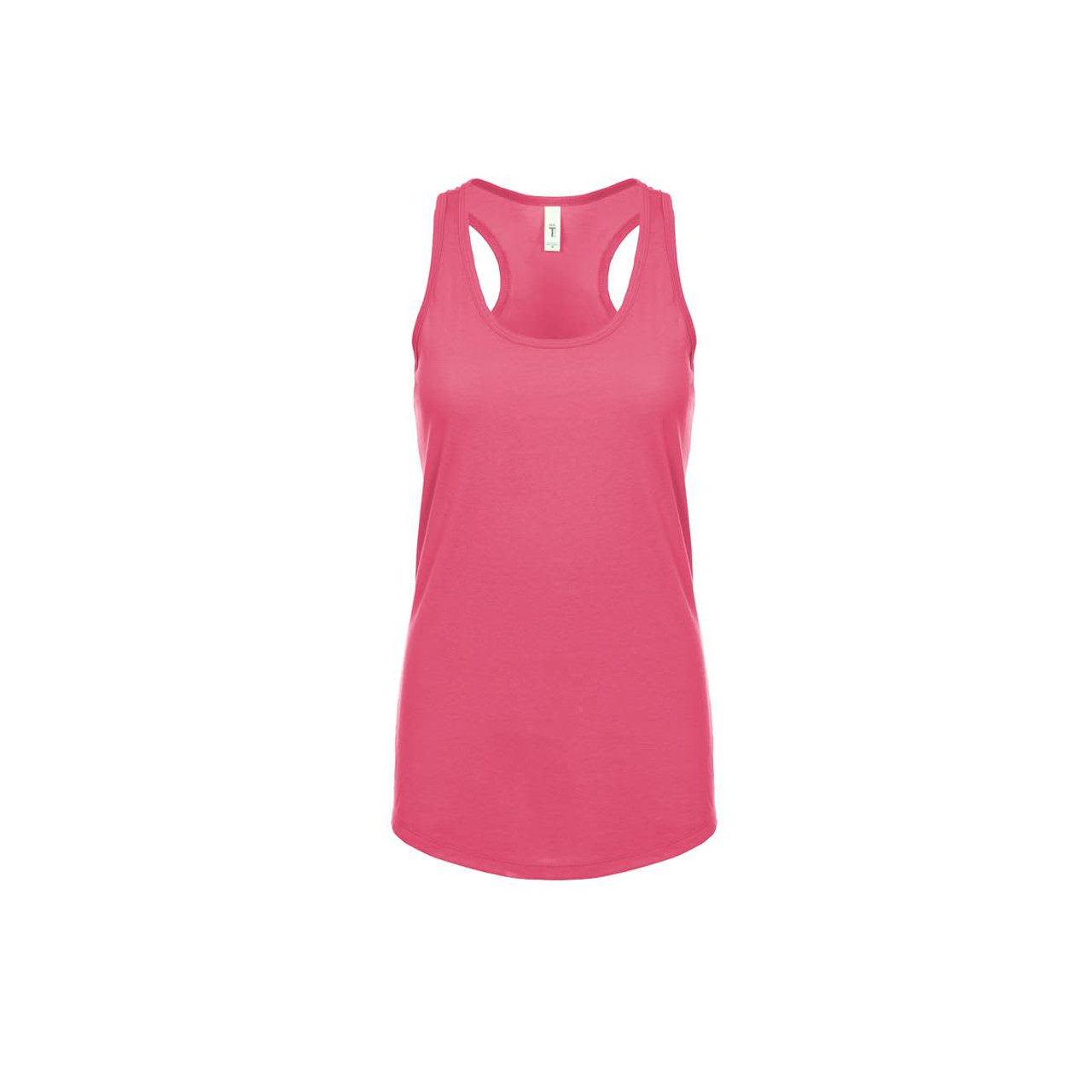 A pink women's racerback tank top with a fitted design and a branding logo.
