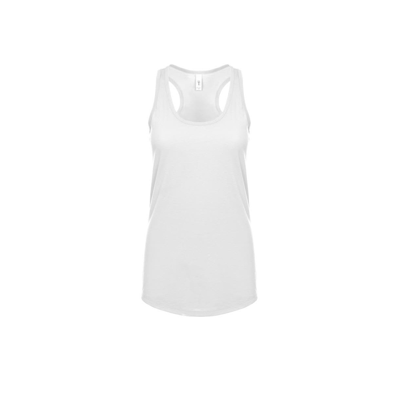 A white women's racerback tank top featuring a smooth, lightweight design and a logo.