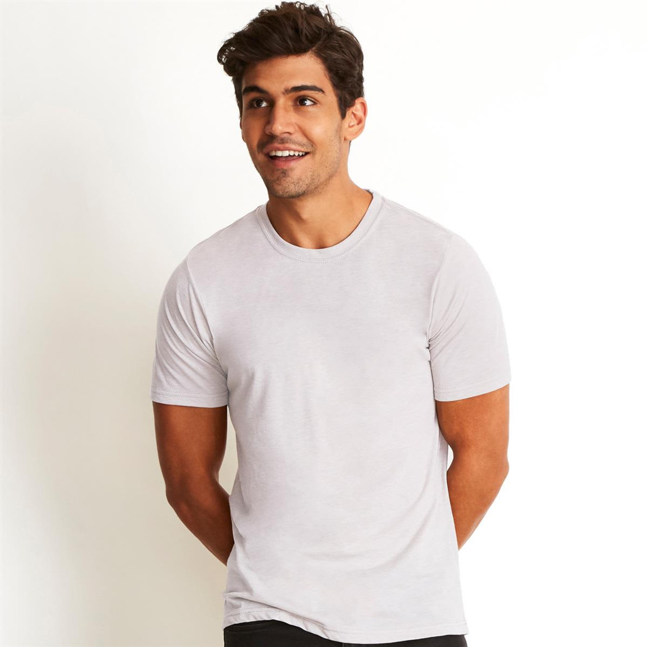 A light grey Poly/Cotton Crew t-shirt displayed on a male model, featuring a simple design and a logo.