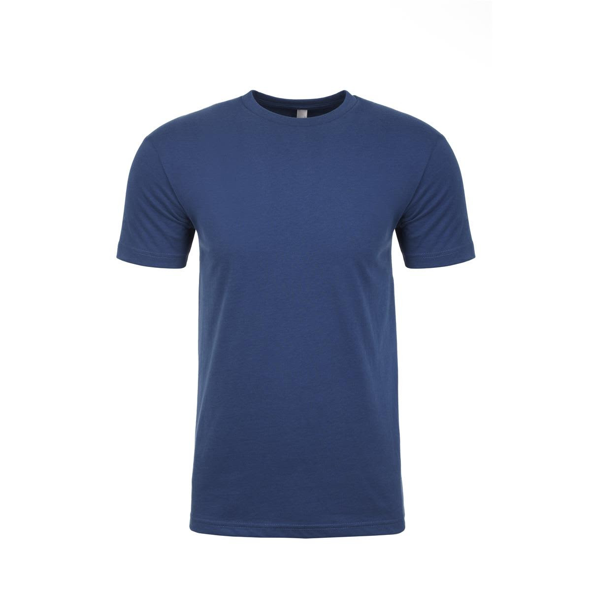 A men's sueded crew t-shirt in a deep blue colour with short sleeves and a round neckline. It has a logo on the label.