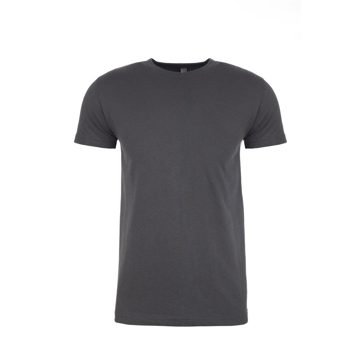 A dark grey men's suede crew t-shirt with a crew neckline and short sleeves, featuring a logo.