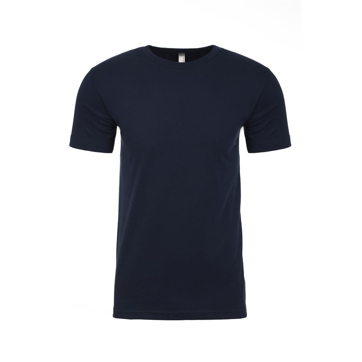 A navy blue men's sueded crew t-shirt with a round neckline and short sleeves. It features a brand logo.