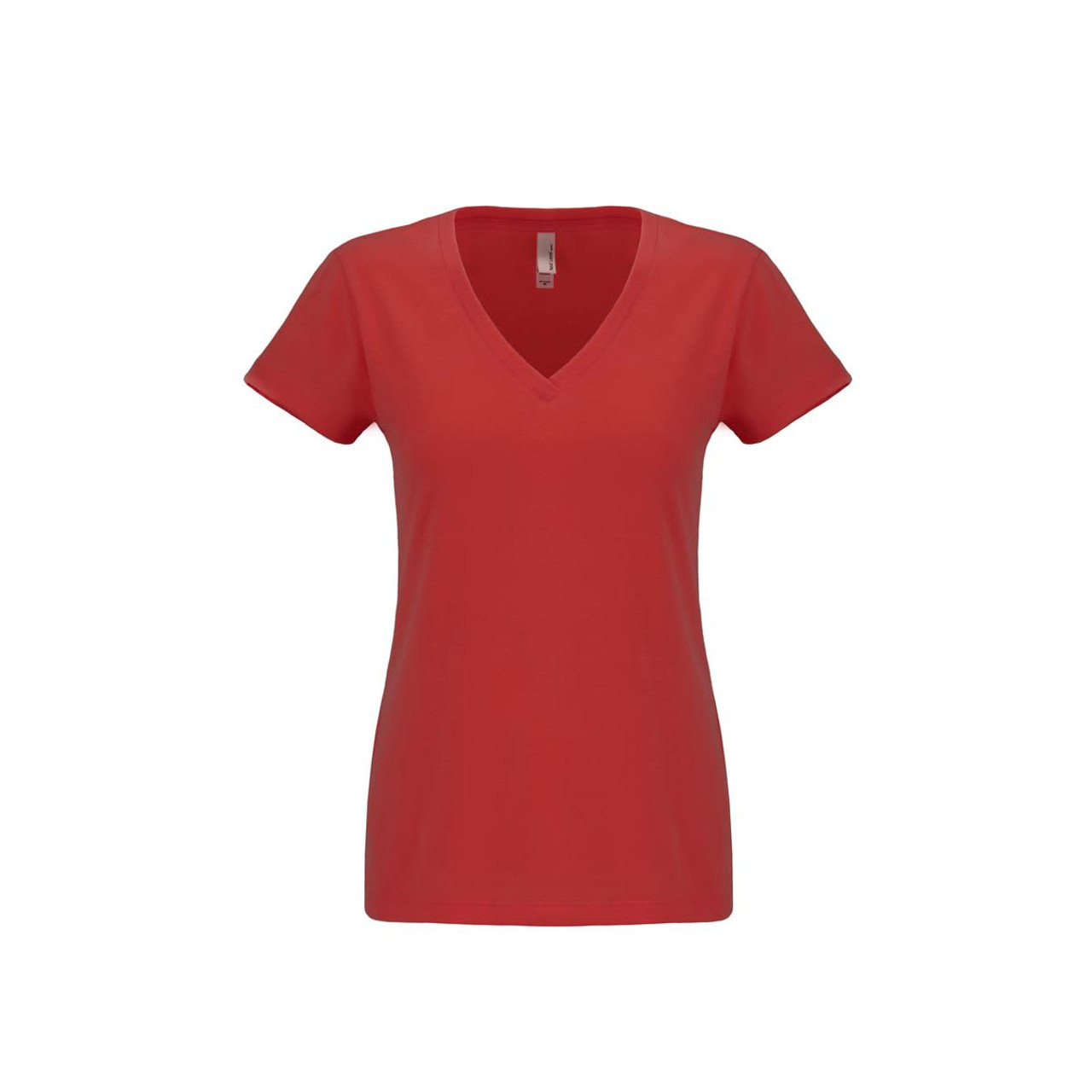 A red women's sueded V-neck t-shirt with short sleeves and a logo. A red women's sueded V-neck t-shirt with short sleeves and a logo.