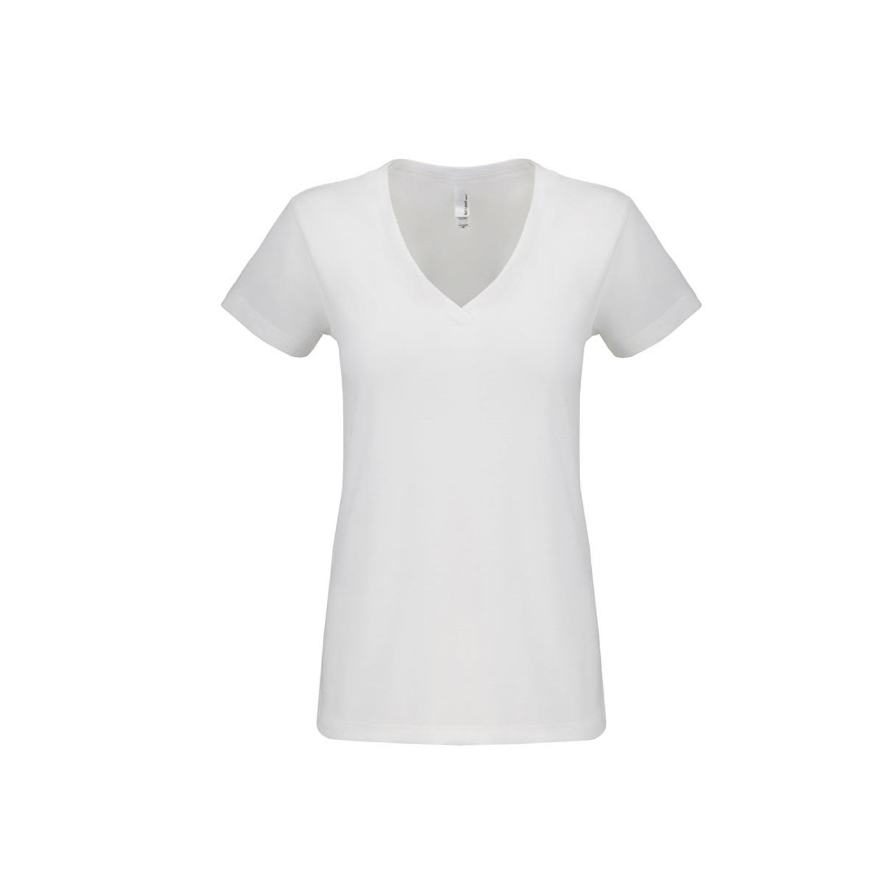 A women's white sueded V-neck t-shirt with short sleeves and a logo. A women's white sueded V-neck t-shirt with short sleeves and a logo.