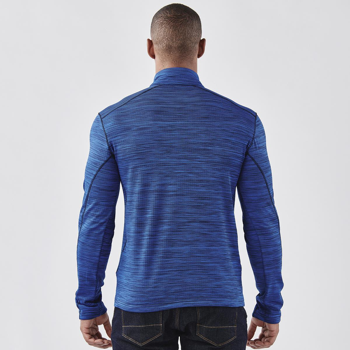 A men's blue base thermal 1/4 zip jumper with a textured pattern, featuring a branded logo.