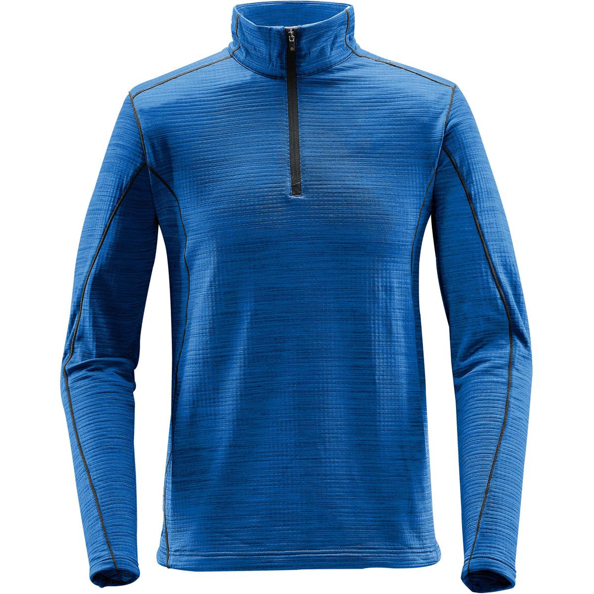 A blue men's base thermal 1/4 zip jumper with contrasting stitching and a branded logo.