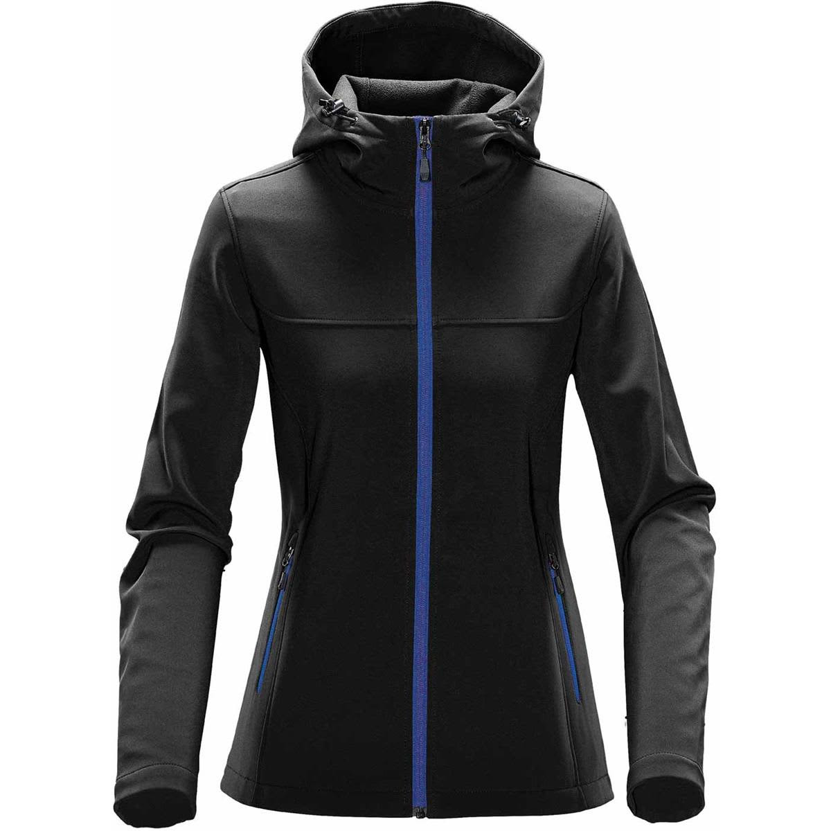 A black women's softshell hoody featuring blue zippers and a hood. It has two side pockets and a sleek design.