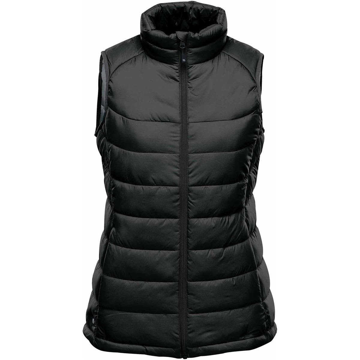 A black thermal vest with a high collar and zip front, featuring a quilted design and armholes.