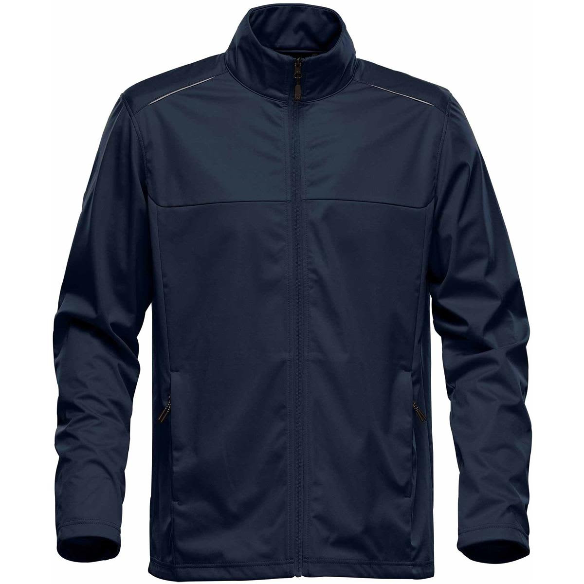 A navy blue men's softshell jacket with a zip-up front and side pockets, featuring a logo.