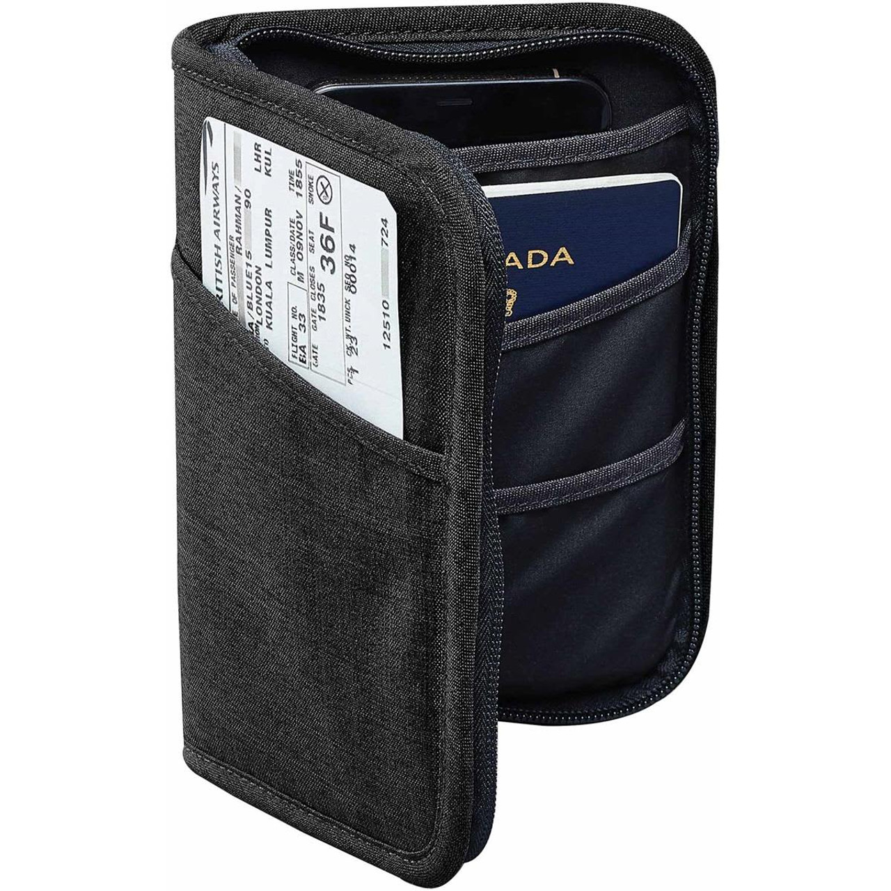 A black RFID passport wallet featuring multiple slots for cards and a pocket for a passport. A black RFID passport wallet featuring multiple slots for cards and a pocket for a passport.
