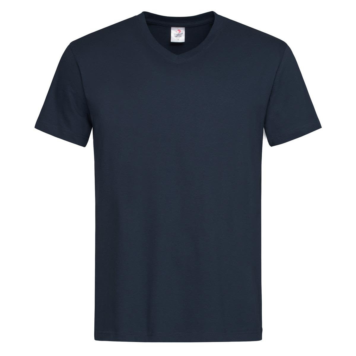 A navy blue men's classic V-neck T-shirt with short sleeves. The shirt features a label and has a simple design.
