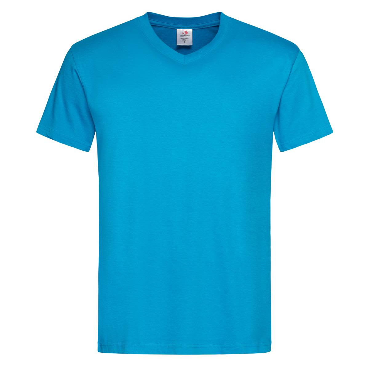 A blue men’s classic V-neck T-shirt with short sleeves and a label inside. It features a logo on the tag.
