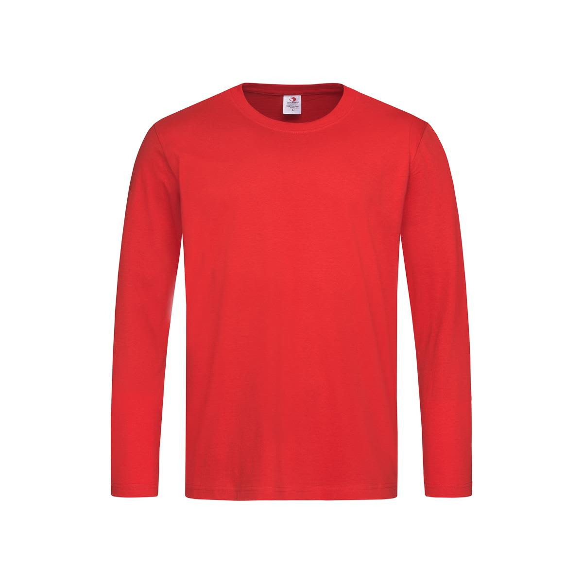 A red long sleeve T-shirt with a crew neckline and a tag inside. Features a logo on the upper inner neck.