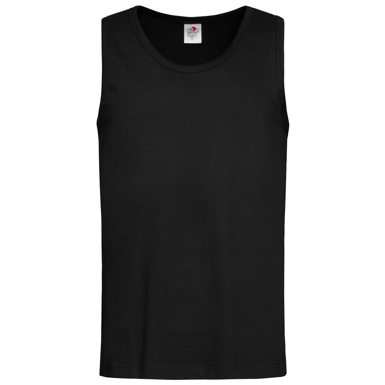 A black men's classic tank top with a round neckline and a logo label on the interior.