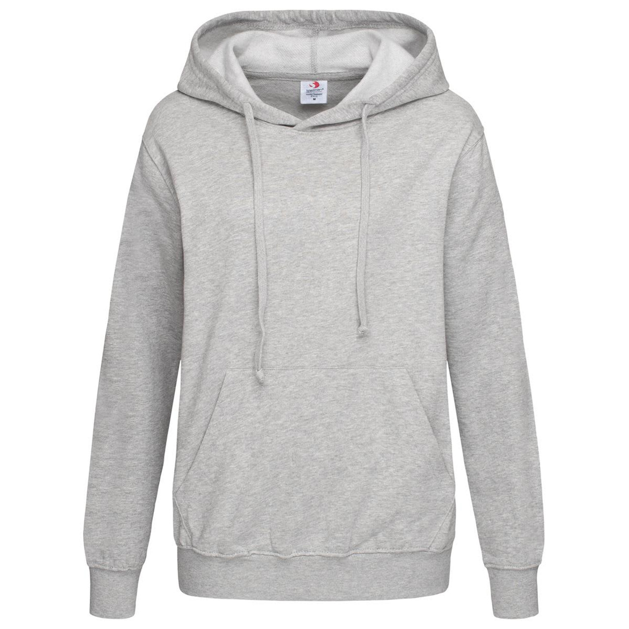 A women's hooded sweatshirt in light grey with a front pocket and a logo.