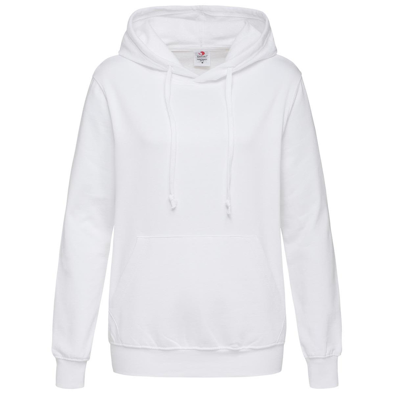 A white women's hooded sweatshirt featuring a front pocket and a drawstring hood, with a brand logo on the label.