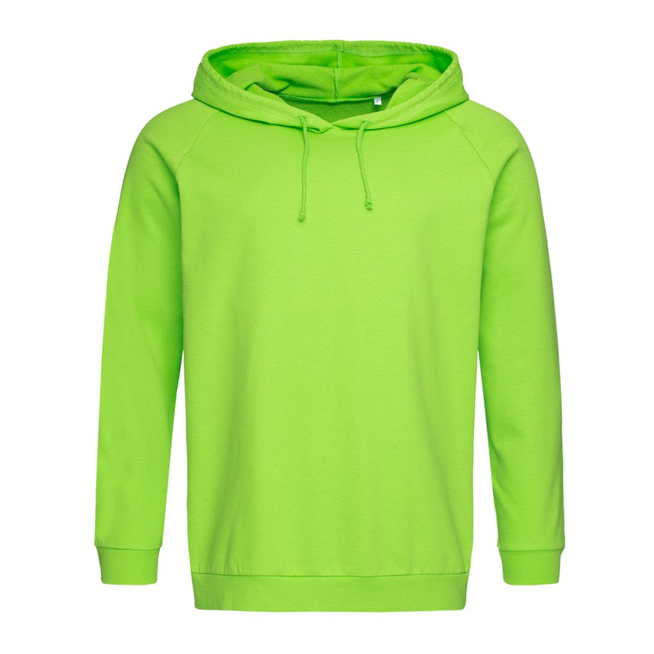 A bright green unisex hooded sweatshirt featuring a front pocket and a logo on the chest.