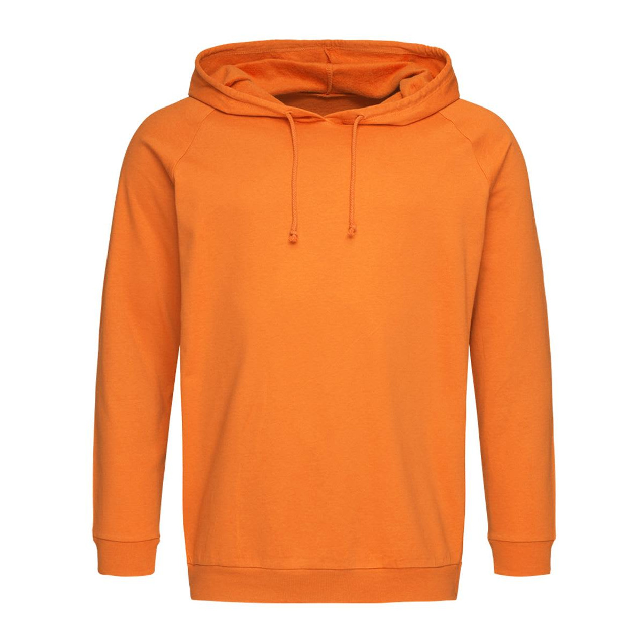 An orange unisex hooded sweatshirt with a front pouch and drawstring hood. Features a plain design without logos.