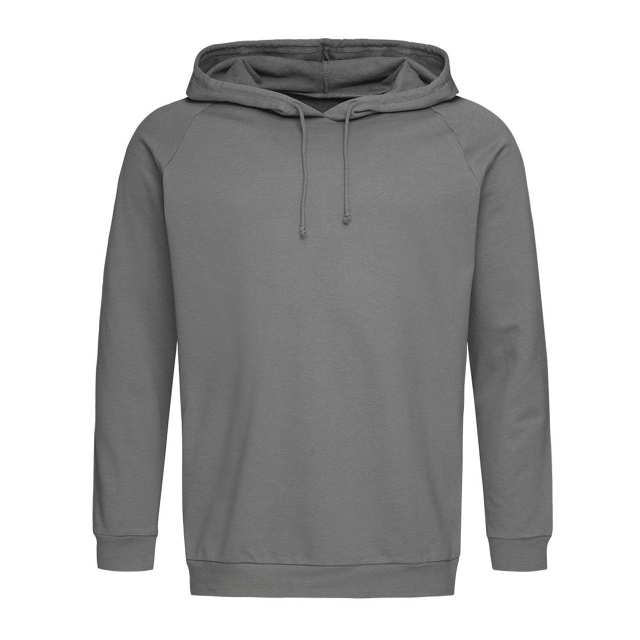 A unisex hooded sweatshirt in a grey colour with a kangaroo pocket and simple design featuring a logo.