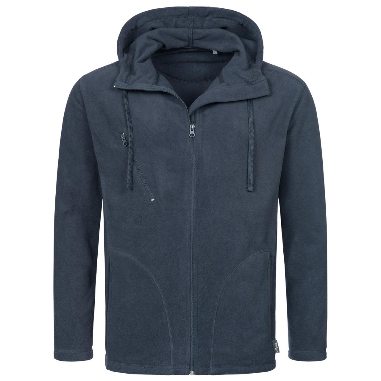 A men's hooded fleece jacket in navy blue with a zip front, two large pockets, and a drawstring hood. A men's hooded fleece jacket in navy blue with a zip front, two large pockets, and a drawstring hood.