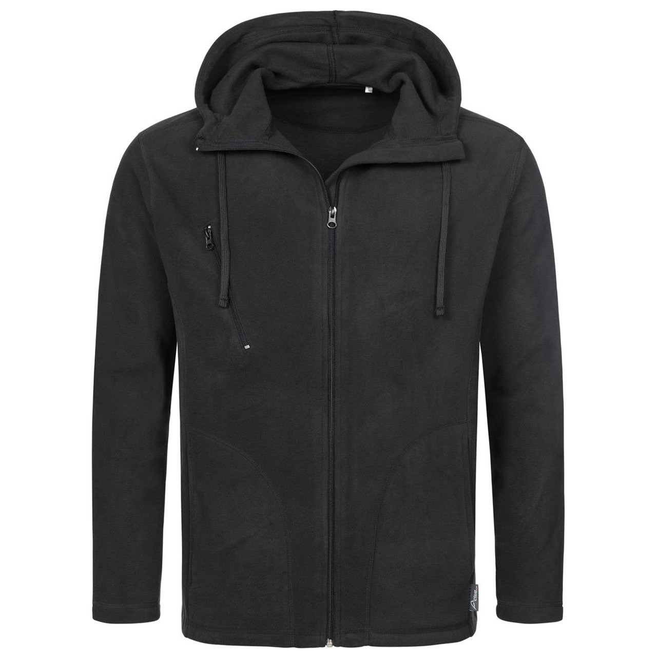 A black hooded fleece jacket featuring a zip front and pockets, with a logo on the side. A black hooded fleece jacket featuring a zip front and pockets, with a logo on the side.