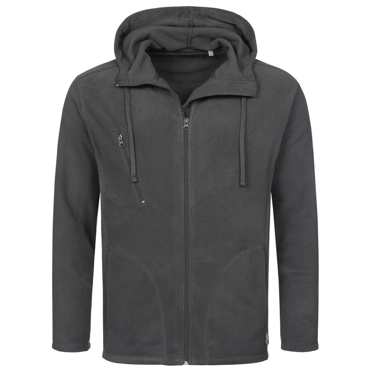A men's active hooded fleece jacket in dark grey with a zip front and two pockets. It features a logo. A men's active hooded fleece jacket in dark grey with a zip front and two pockets. It features a logo.