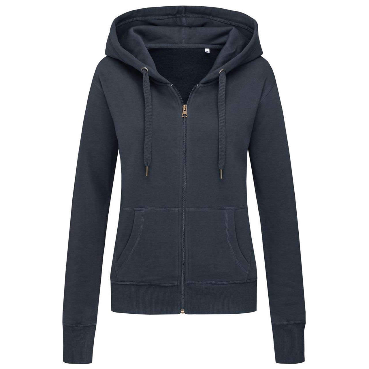 A women's active sweatjacket in dark grey, featuring a zip-up front, hood, and pockets. It includes a logo. A women's active sweatjacket in dark grey, featuring a zip-up front, hood, and pockets. It includes a logo.