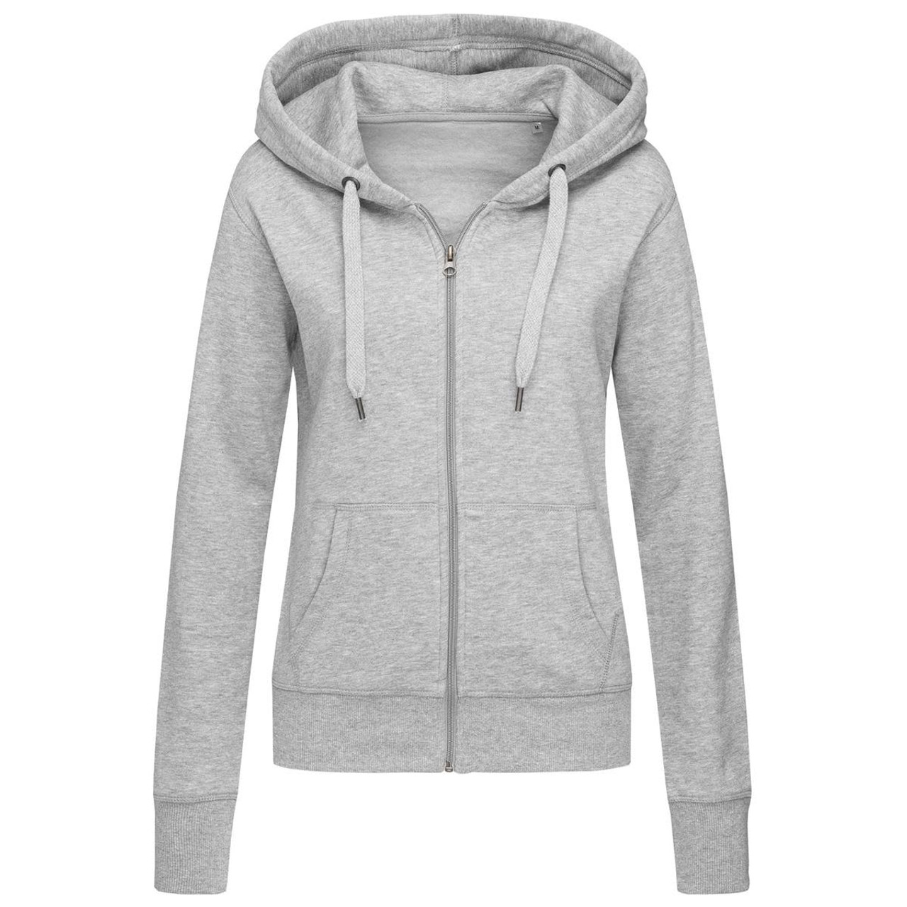 A grey women's active sweatjacket with a hood, featuring a zip front and a logo. A grey women's active sweatjacket with a hood, featuring a zip front and a logo.