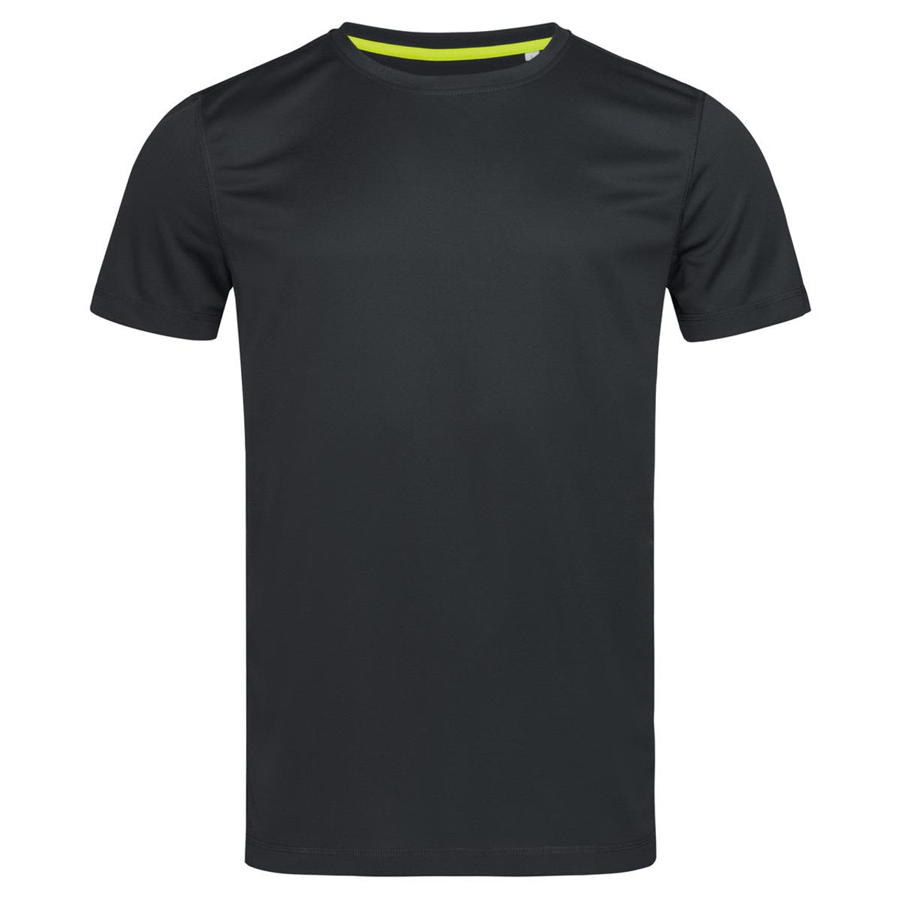 A dark green crew neck t-shirt with short sleeves, featuring a contrasting interior neckline and a logo.