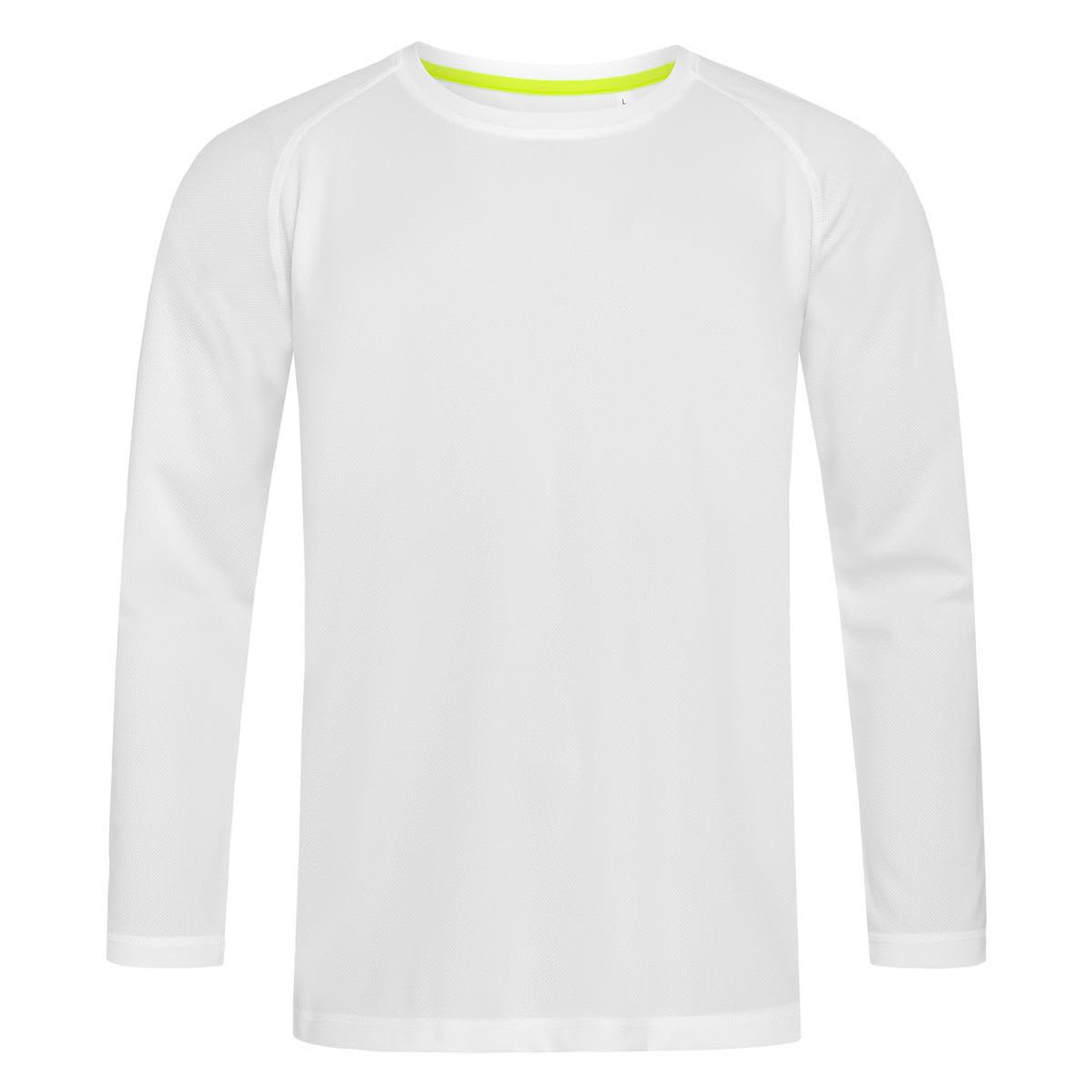 A long sleeve white active shirt with a round neckline and a hint of neon yellow at the collar. It features a logo.