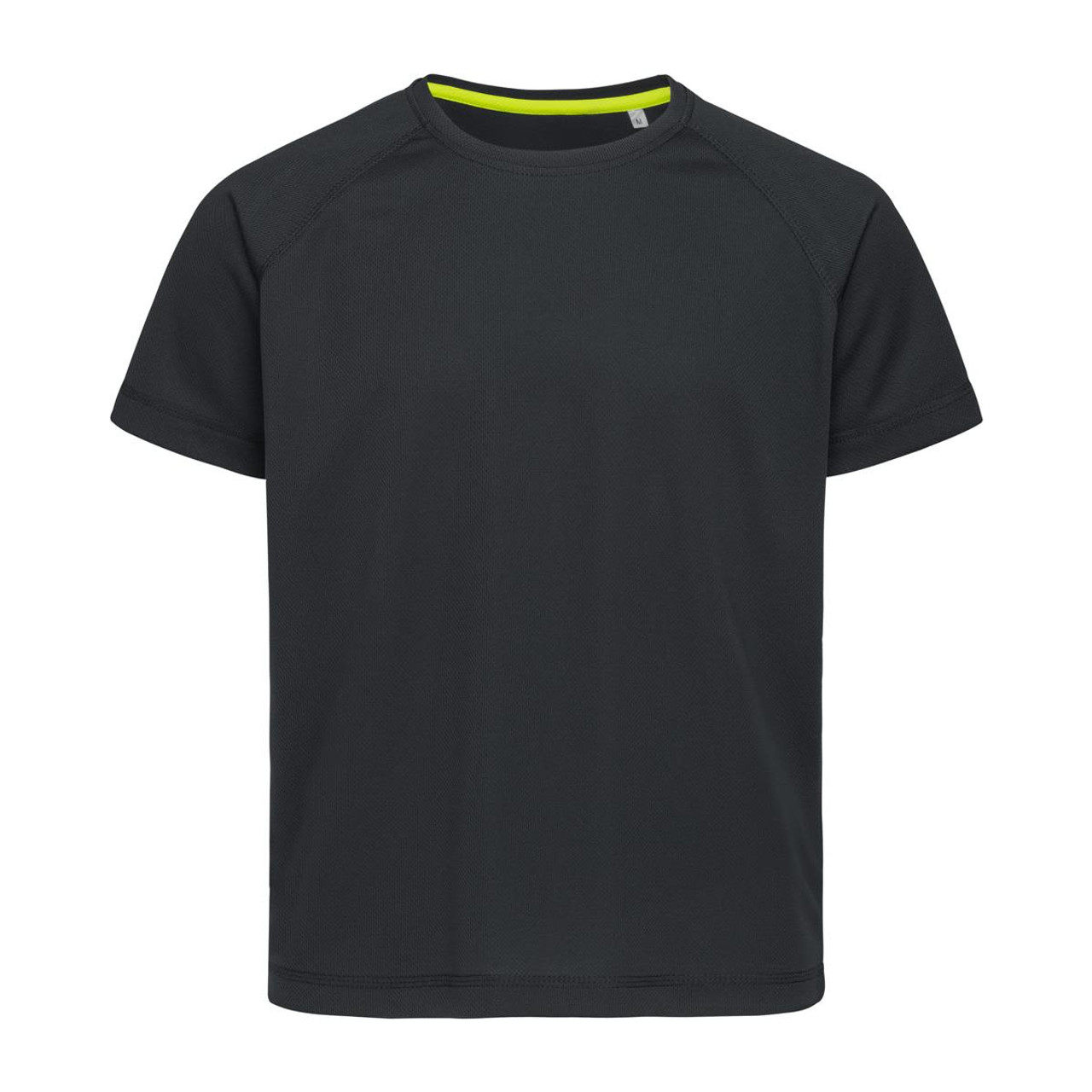 A dark green short-sleeve T-shirt with raglan sleeves and a bright yellow neck trim, featuring a logo.