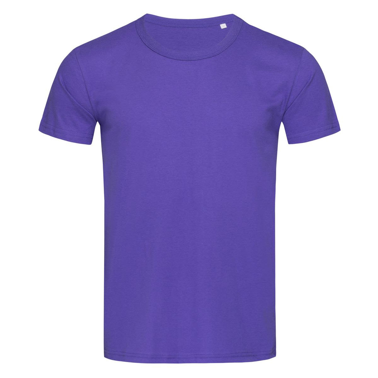 A purple crew neck t-shirt with short sleeves and a small logo on the upper side.