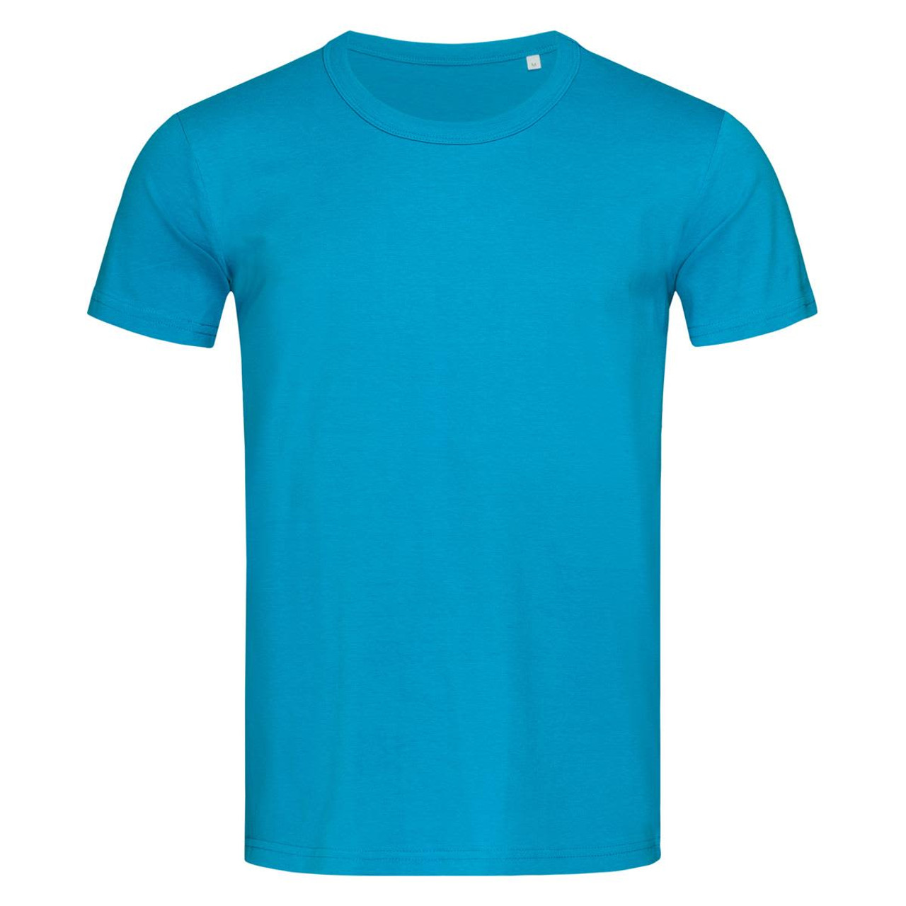 A bright turquoise men's crew neck t-shirt, featuring short sleeves and a plain design.