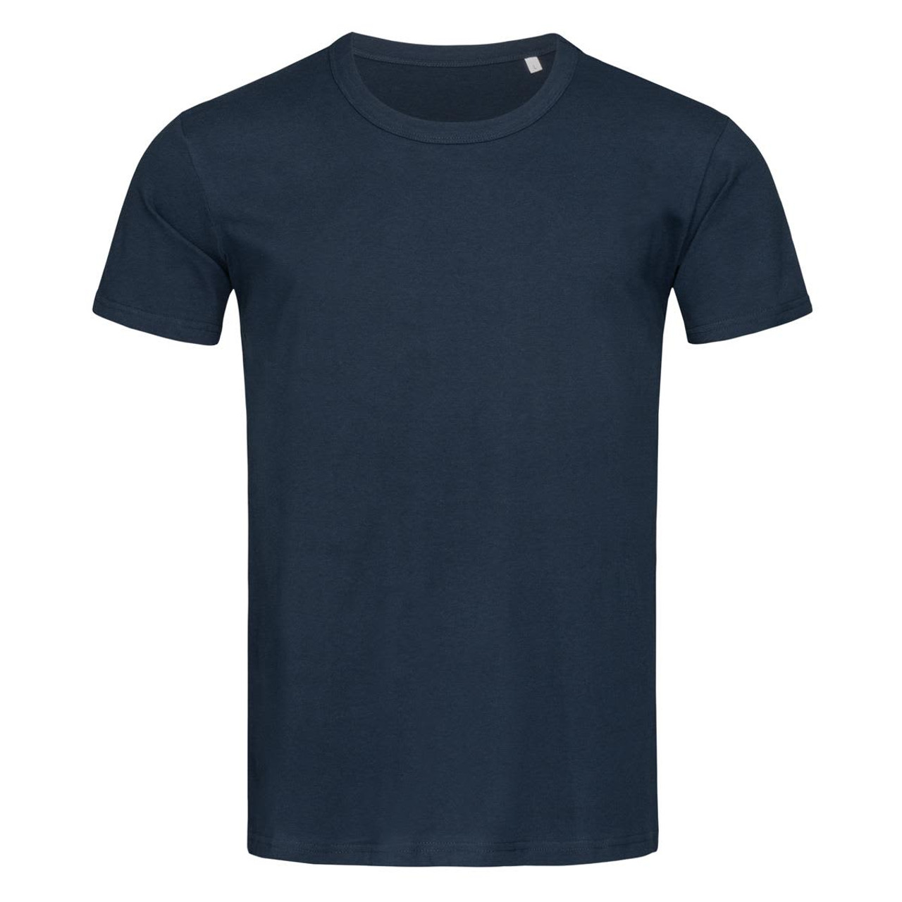 A navy blue crew neck t-shirt with short sleeves and a plain design. It features a logo on the tag.