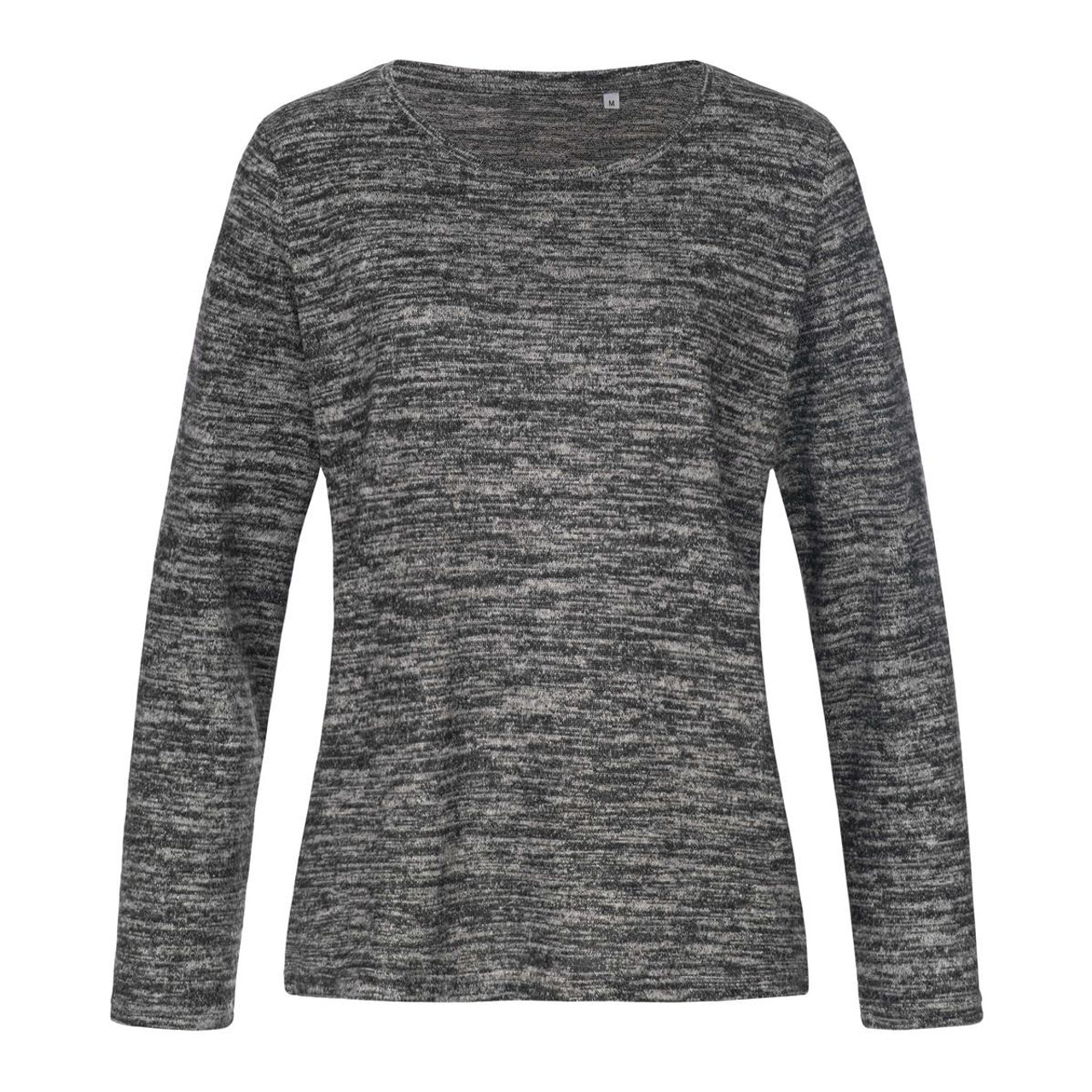 A grey and black women's knit sweater with a relaxed fit and long sleeves. It features a subtle textured pattern.