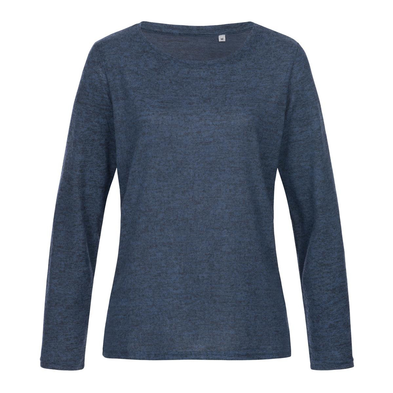 A women's knitted sweater in a dark blue hue, featuring long sleeves and a round neckline.