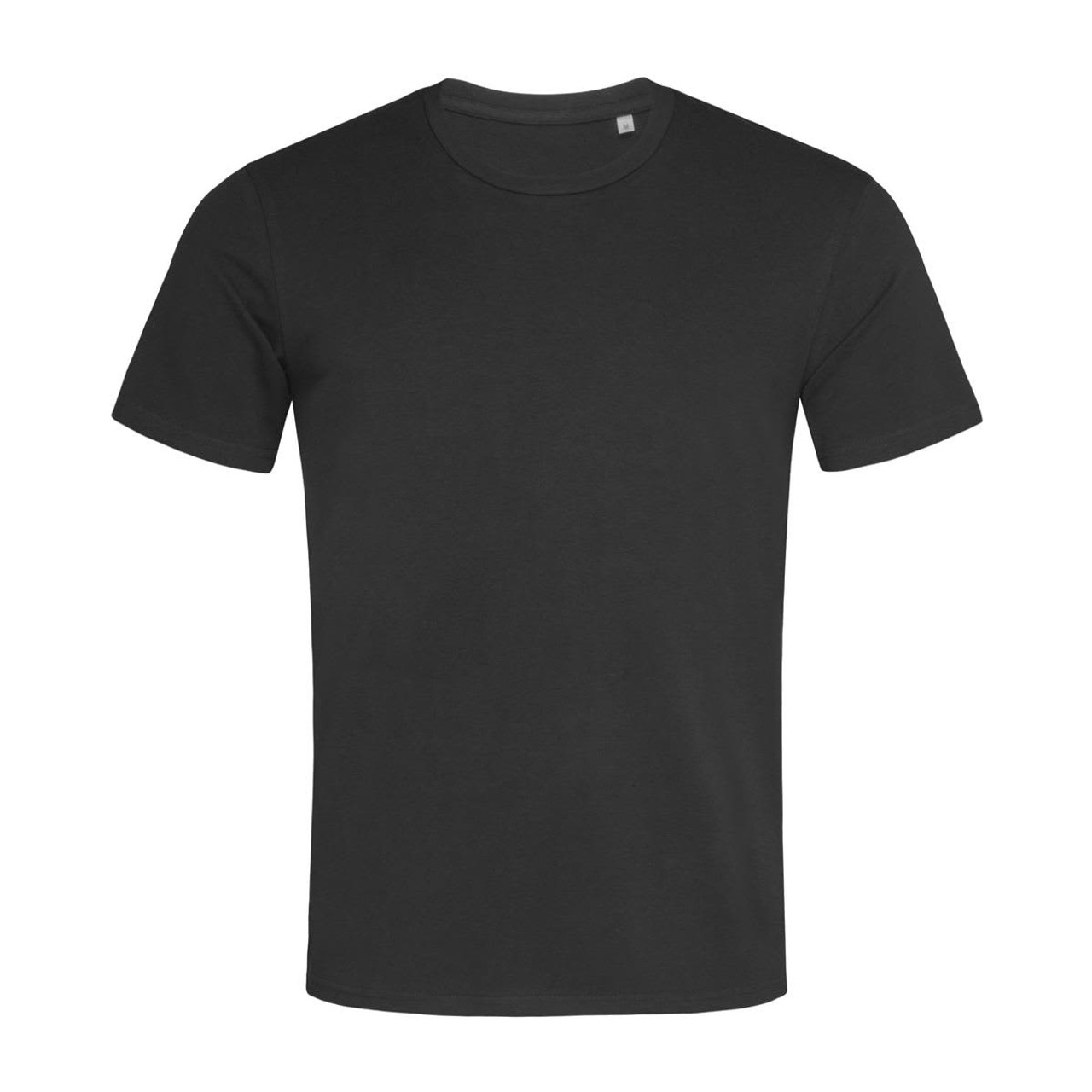 A black crew neck t-shirt with short sleeves. The shirt features a logo on the front. A black crew neck t-shirt with short sleeves. The shirt features a logo on the front.