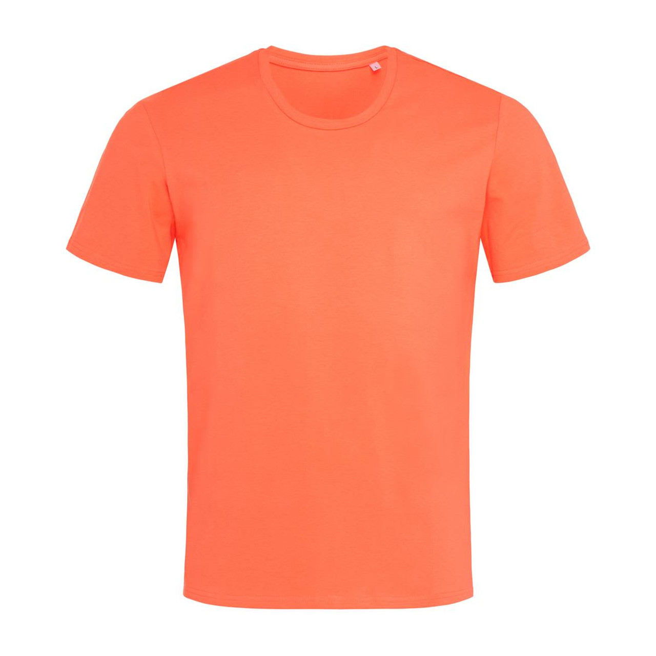 A bright orange crew neck t-shirt with short sleeves and a subtle logo on the neckline. A bright orange crew neck t-shirt with short sleeves and a subtle logo on the neckline.