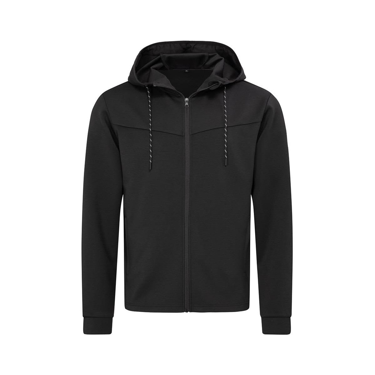 A black men's recycled scuba jacket with a hood and zip-up front, featuring a logo on the chest area.