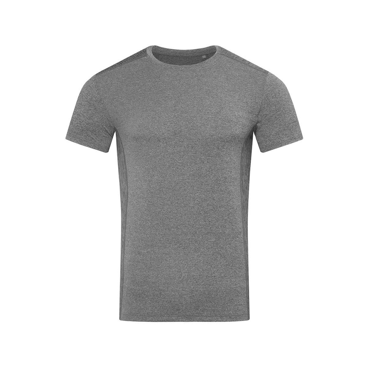 A grey recycled sports T-shirt with a simple design and short sleeves. Features a logo on the fabric. A grey recycled sports T-shirt with a simple design and short sleeves. Features a logo on the fabric.