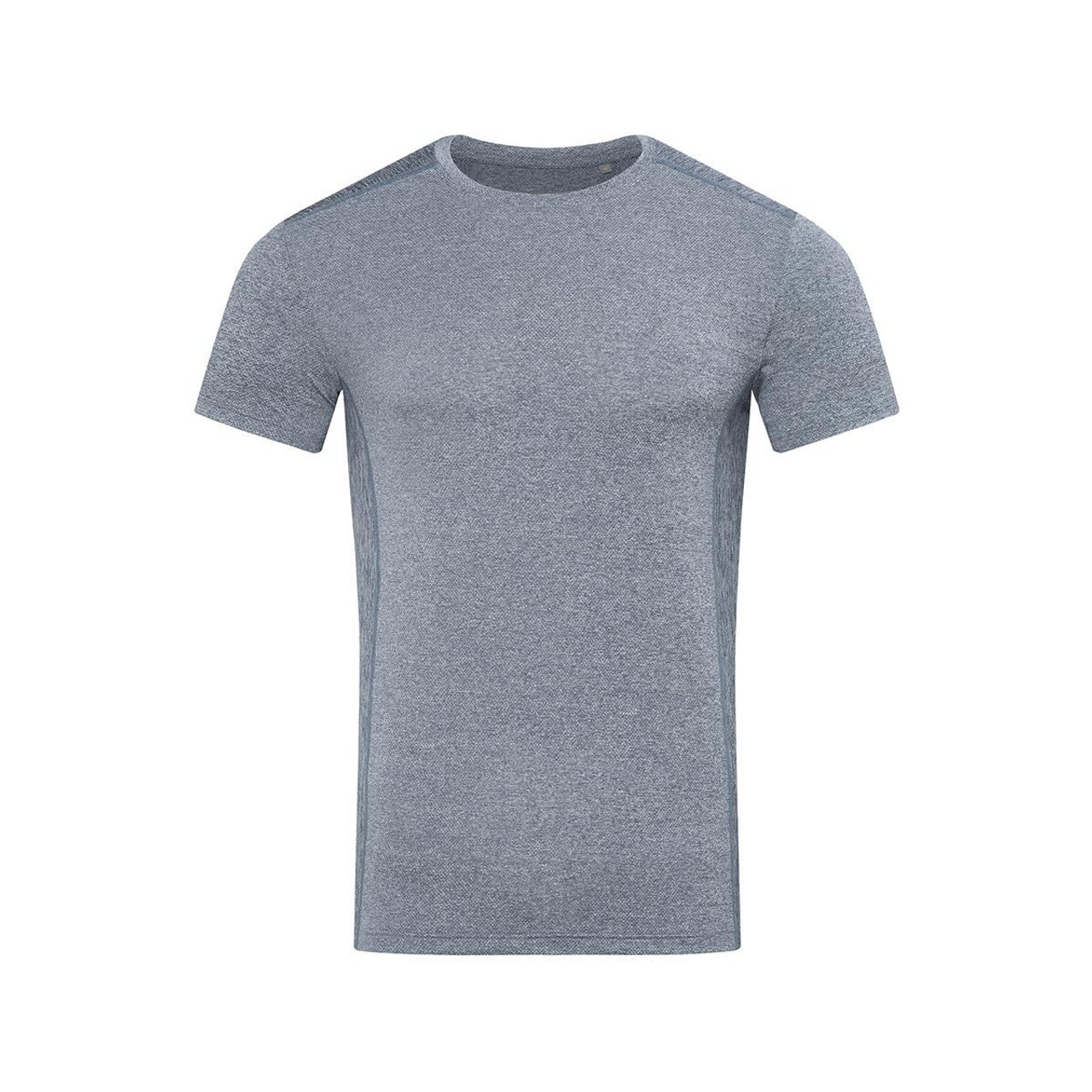 A grey men's recycled sports T-shirt with a round neckline and short sleeves, featuring a small logo. A grey men's recycled sports T-shirt with a round neckline and short sleeves, featuring a small logo.