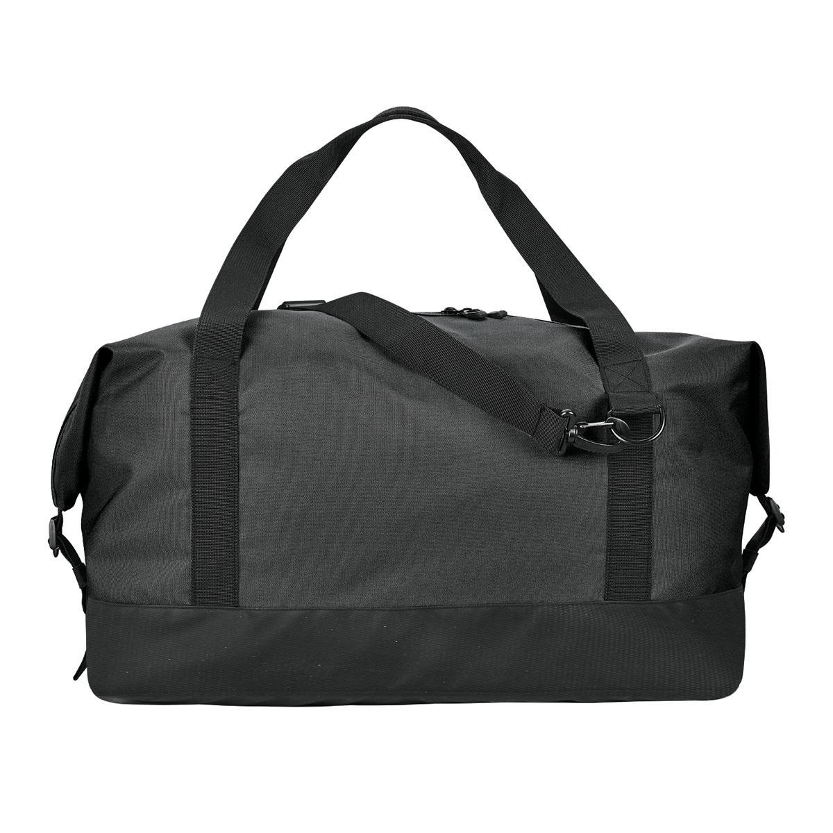 A black duffle bag features dual handles and a detachable shoulder strap, with an adjustable buckle and a branding logo.