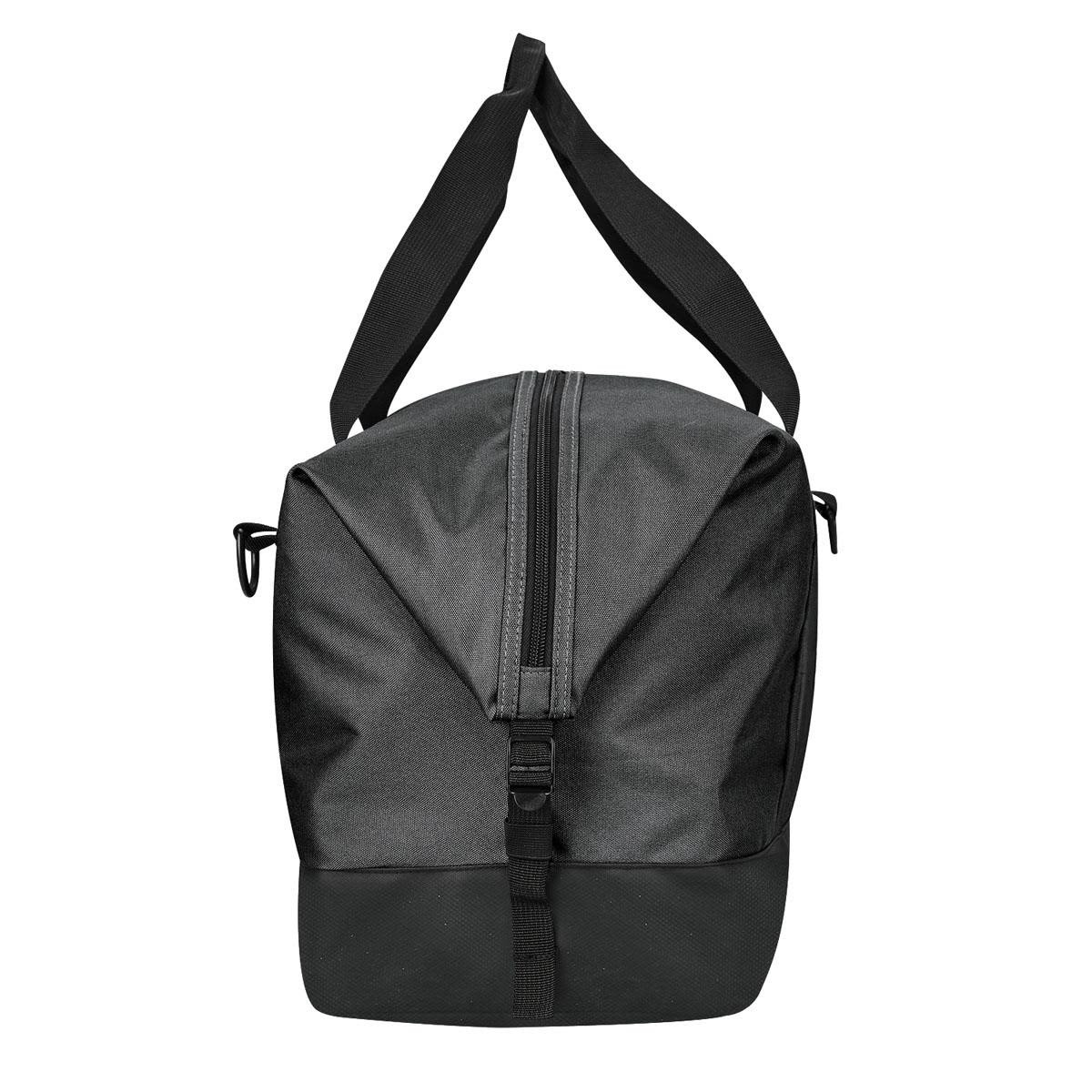 A black duffle bag with a zip closure and two adjustable shoulder straps, featuring a logo.