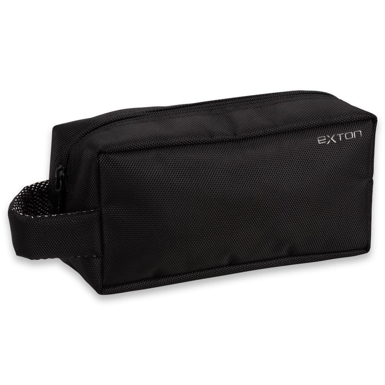 A black Exton Toiletry Bag with a textured surface and a convenient handle. Features a zip closure and a logo. A black Exton Toiletry Bag with a textured surface and a convenient handle. Features a zip closure and a logo.